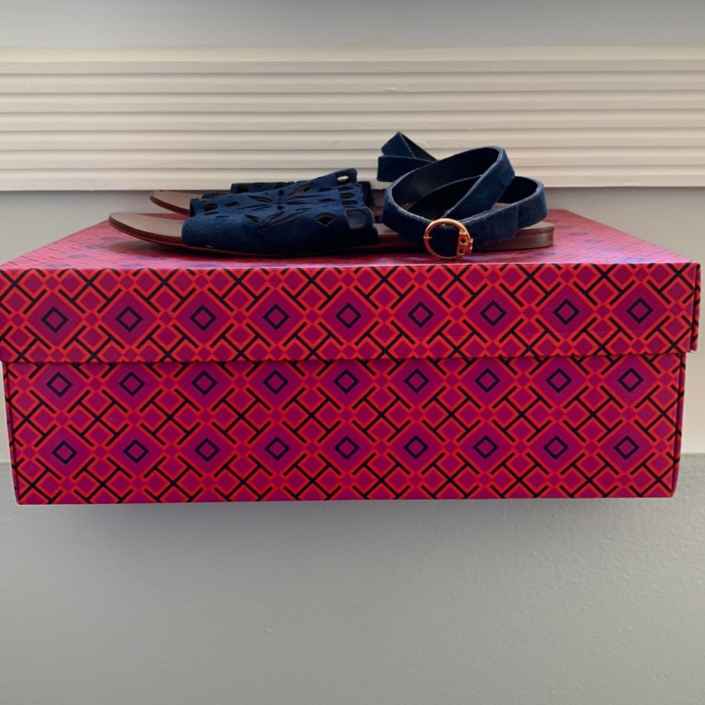 Tory Burch may flat sandal Lancaster suede color perfect Navy size 7